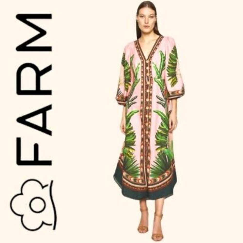 FARM RIO LINEN AMAZONIA JUNGLE PALM TREE FRONDS TROPICAL BRAZILIAN MAXI DRESS XS